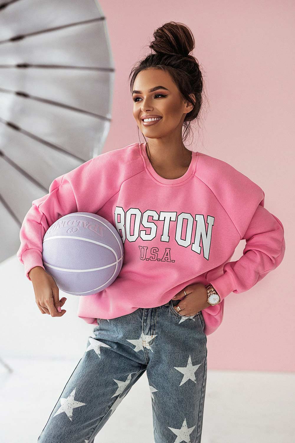 Rožinės spalvos ilgas džemperis su pašiltinimu "boston"